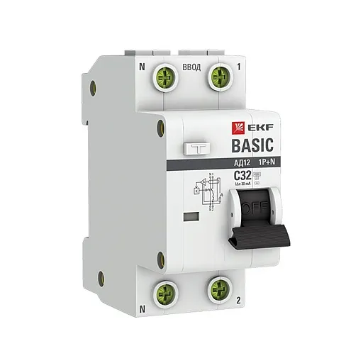 Автомат дифференциальный EKF Basic АД-12 32А 1P+N тип AC 30 мА 4,5 кА (DA12-32-30-bas)