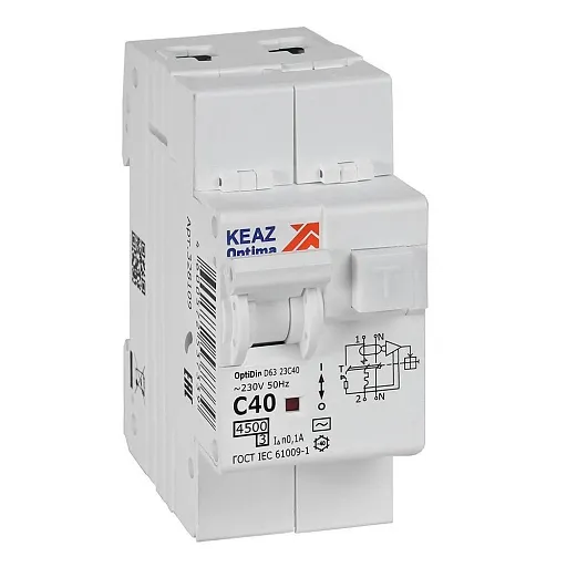 Автомат дифференциальный КЭАЗ OptiDin D63 40А 1P+N тип AC 100 мА 4,5 кА (328109)