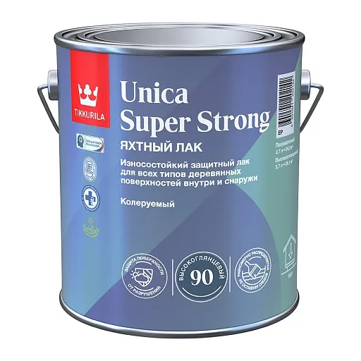 Лак алкидно-уретановый яхтный Tikkurila Unica Super Strong основа EP бесцветный 2,7 л высокоглянцевый Лак алкидно-уретановый яхтный Tikkurila Unica Super Strong основа EP бесцветный 2,7 л высокоглянцевый