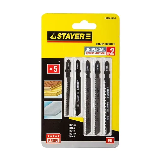 Пилки для лобзика Stayer Profi по дереву и металлу чистый рез (5 шт.) (15980-H5-2) Пилки для лобзика Stayer Profi по дереву и металлу чистый рез (5 шт.) (15980-H5-2)
