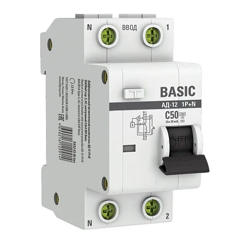 Автомат дифференциальный EKF Basic АД-12 50А 1P+N тип AC 30 мА 4,5 кА (DA12-50-30-bas) Автомат дифференциальный EKF Basic АД-12 50А 1P+N тип AC 30 мА 4,5 кА (DA12-50-30-bas)