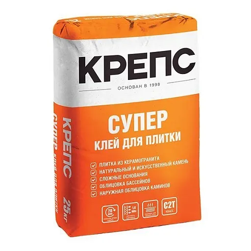 Клей для плитки/ керамогранита/ камня Крепс Супер серый класс C2 T 25 кг Клей для плитки/ керамогранита/ камня Крепс Супер серый класс C2 T 25 кг
