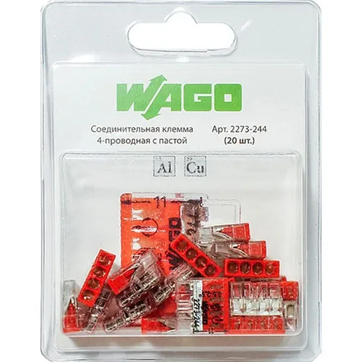 Клемма на 4 провода Wago 2273-244 0,5-2,5 кв. мм самозажимная с пастой (20 шт.) Клемма на 4 провода Wago 2273-244 0,5-2,5 кв. мм самозажимная с пастой (20 шт.)