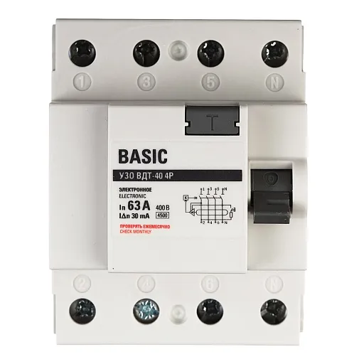 УЗО EKF Basic ВДТ-40 63А 3P+N тип AC 30 мА 4,5 кА (elcb-4-63-30e-sim) УЗО EKF Basic ВДТ-40 63А 3P+N тип AC 30 мА 4,5 кА (elcb-4-63-30e-sim)