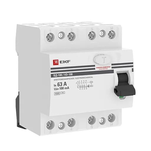 УЗО EKF PROxima ВД-100 63А 3P+N тип AC 100 мА 4,5 кА компактное (elcb-4-63-100-em-pro) УЗО EKF PROxima ВД-100 63А 3P+N тип AC 100 мА 4,5 кА компактное (elcb-4-63-100-em-pro)