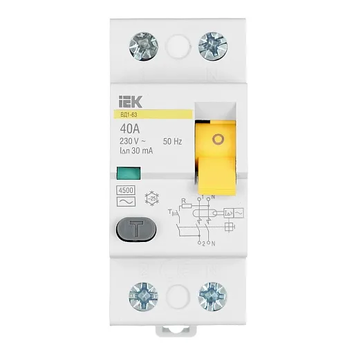 УЗО IEK Karat ВД1-63 40А 1P+N тип AC 30 мА 4,5 кА (MDV10-2-040-030)