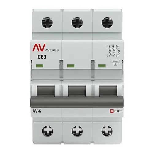 Автоматический выключатель модульный EKF Averes AV-6 3Р 63А тип C 6 кА 400 В (mcb6-3-63C-av)