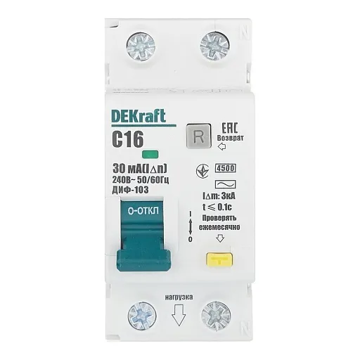 Автомат дифференциальный Dekraft ДИФ-103 16А 1P+N тип AC 30 мА 4,5 кА компактный (16052DEK)