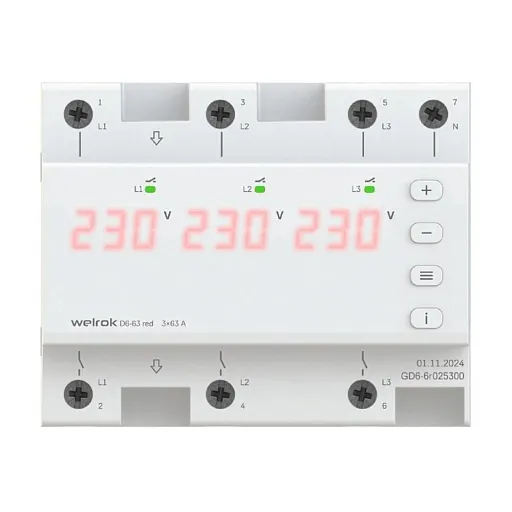 Реле напряжения модульное Welrok D6-63 red 230 В 63 А тип AC с дисплеем