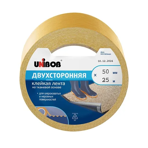 Лента клейкая Unibob двусторонняя на тканевой основе желтая 50 мм 25 м