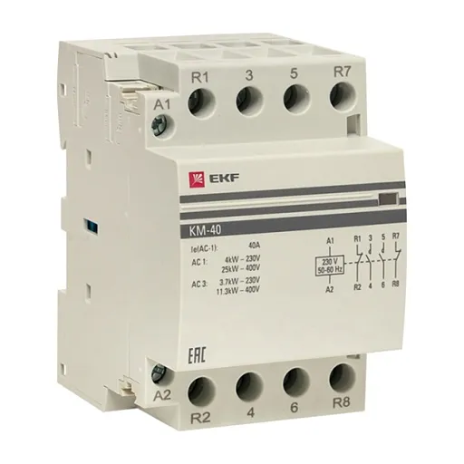Контактор модульный EKF PROxima КМ 400 В 40 А тип AC 2НО+2НЗ (km-3-40-22) Контактор модульный EKF PROxima КМ 400 В 40 А тип AC 2НО+2НЗ (km-3-40-22)