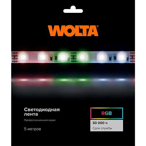 Лента светодиодная Wolta RGB свет 14,4 Вт/м 24 В IP20 5 м (WLS5050-14,4W/RGB/24H60-01) Лента светодиодная Wolta RGB свет 14,4 Вт/м 24 В IP20 5 м (WLS5050-14,4W/RGB/24H60-01)