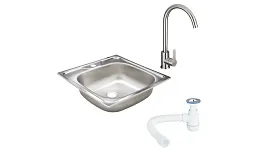 Мойка для кухни Ukinox Классика 48х48х14,5 см врезная с сифоном со смесителем Corsa Deco Creek с высоким изливом сталь хром (CLM480.480---4K OC/30980676/966373)