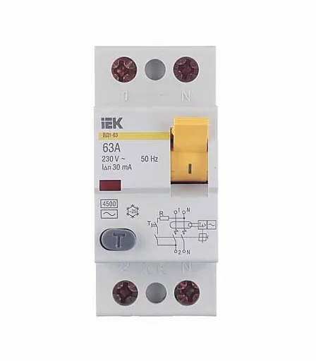УЗО IEK Karat ВД1-63 63А 1P+N тип AC 30 мА 4,5 кА (MDV10-2-063-030) УЗО IEK Karat ВД1-63 63А 1P+N тип AC 30 мА 4,5 кА (MDV10-2-063-030)