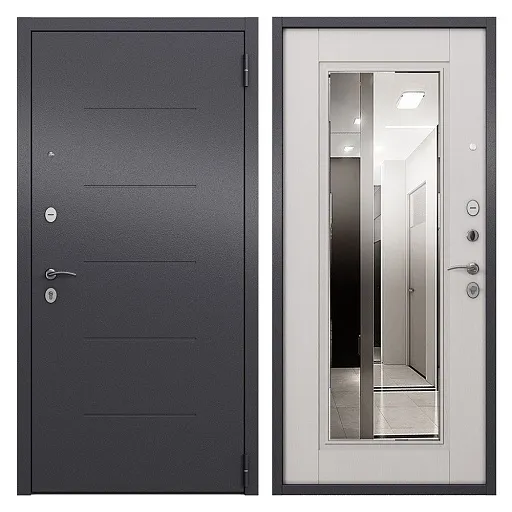 Дверь входная Mastino Home Eco правая букле графит - ларче белый с зеркалом 860х2050 мм Дверь входная Mastino Home Eco правая букле графит - ларче белый с зеркалом 860х2050 мм