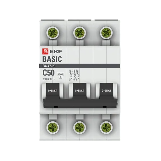 Автоматический выключатель модульный EKF Basic ВА 47-29 3P 50А тип C 4,5 кА 400 В (mcb4729-3-50C)