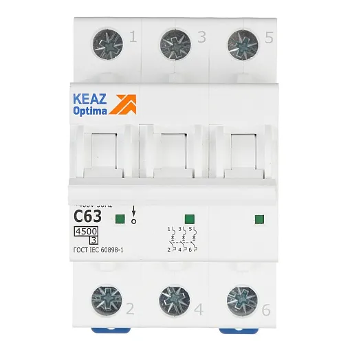 Автоматический выключатель модульный КЭАЗ OptiDin BM63 3P 63А тип C 4,5 кА 230/400 В (326818) Автоматический выключатель модульный КЭАЗ OptiDin BM63 3P 63А тип C 4,5 кА 230/400 В (326818)