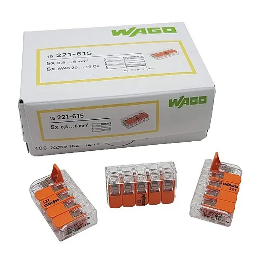 Клемма на 5 проводов Wago 0,5-6 кв.мм с рычажками без пасты (15 шт.) (221-615) Клемма на 5 проводов Wago 0,5-6 кв.мм с рычажками без пасты (15 шт.) (221-615)
