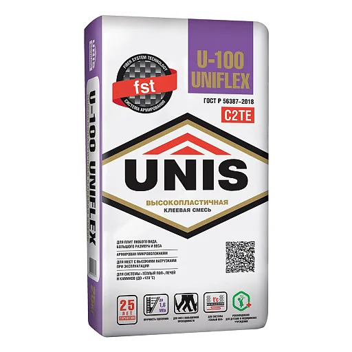 Клей для плитки/ керамогранита/ камня Unis U-100 PolymerGEL серый класс C2 TE 25 кг Клей для плитки/ керамогранита/ камня Unis U-100 PolymerGEL серый класс C2 TE 25 кг