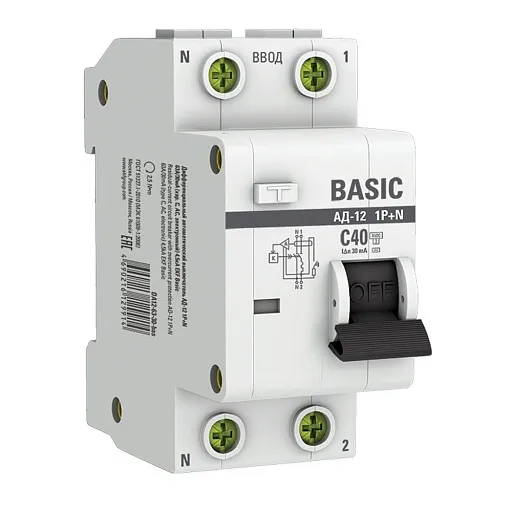 Автомат дифференциальный EKF Basic АД-12 40А 1P+N тип AC 30 мА 4,5 кА (DA12-40-30-bas) Автомат дифференциальный EKF Basic АД-12 40А 1P+N тип AC 30 мА 4,5 кА (DA12-40-30-bas)