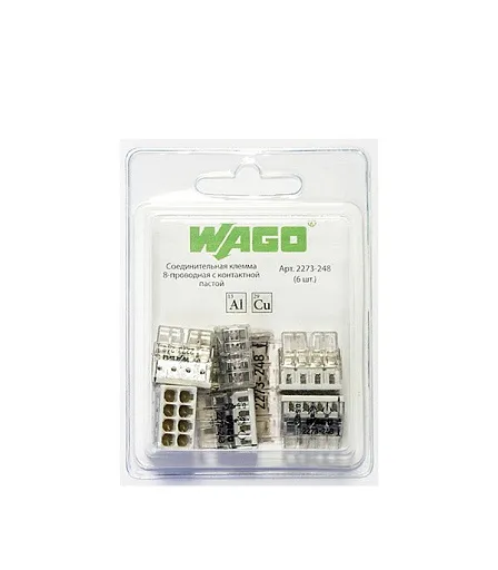 Клемма на 8 проводов Wago 2273-248 0,5-2,5 кв. мм самозажимная с пастой (6 шт.) Клемма на 8 проводов Wago 2273-248 0,5-2,5 кв. мм самозажимная с пастой (6 шт.)