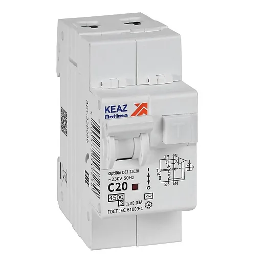 Автомат дифференциальный КЭАЗ OptiDin D63 20А 1P+N тип AC 30 мА 4,5 кА (328099)