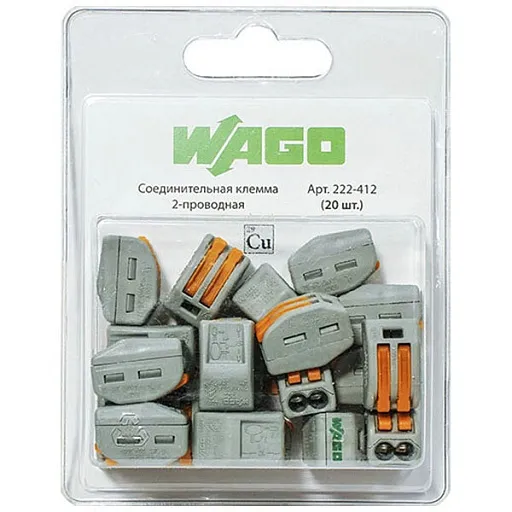 Клемма на 2 провода Wago 222-412 0,08-2,5 кв. мм с рычажками без пасты (20 шт.) Клемма на 2 провода Wago 222-412 0,08-2,5 кв. мм с рычажками без пасты (20 шт.)