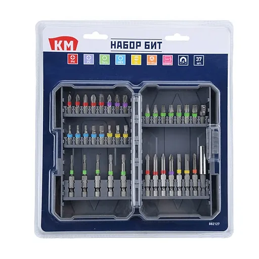 Набор бит КМ PH/PZ/SL/TORX/HEX/Tri-Wing 25/50 мм с магнитным держателем (37 шт.) (882127)