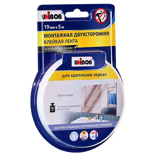 Лента клейкая монтажная для зеркал Unibob двусторонняя 19 мм 5 м Лента клейкая монтажная для зеркал Unibob двусторонняя 19 мм 5 м