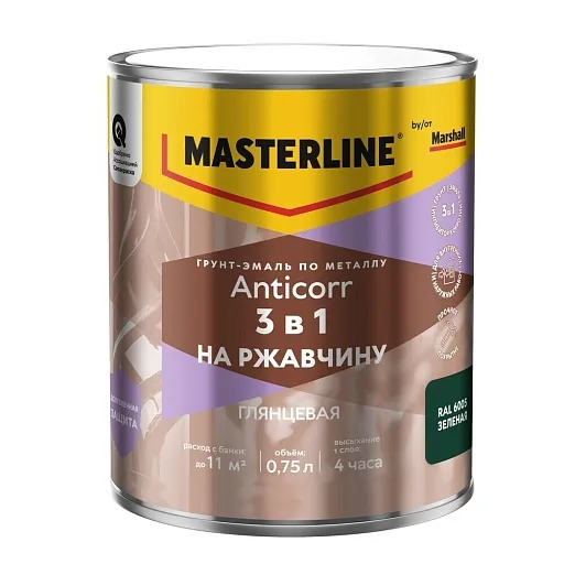 Грунт-эмаль по ржавчине 3в1 Masterline Anticorr зеленая RAL 6005 глянцевая 0,75 л Грунт-эмаль по ржавчине 3в1 Masterline Anticorr зеленая RAL 6005 глянцевая 0,75 л