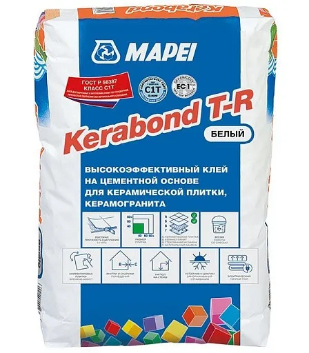 Клей для плитки/ керамогранита/ мозаики/ камня Mapei Kerabond T-R высокопрочный белый класс C1 T 25 кг Клей для плитки/ керамогранита/ мозаики/ камня Mapei Kerabond T-R высокопрочный белый класс C1 T 25 кг