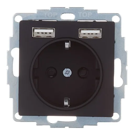 Розетка Systeme Electric AtlasDesign встраиваемая карбон с заземлением 2хUSB-А (ATN001030)