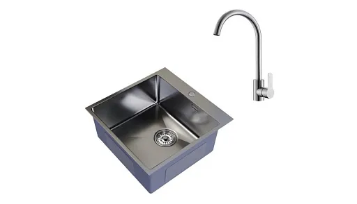 Мойка для кухни Mixline Pro 50х50х20 см врезная с сифоном со смесителем Corsa Deco Creek с высоким изливом сталь сатин (556573/966373)