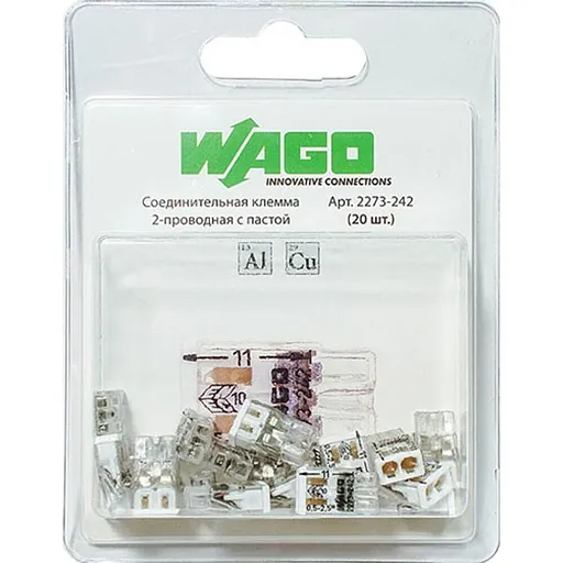 Клемма на 2 провода Wago 2273-242 0,5-2,5 кв. мм самозажимная с пастой (20 шт.) Клемма на 2 провода Wago 2273-242 0,5-2,5 кв. мм самозажимная с пастой (20 шт.)