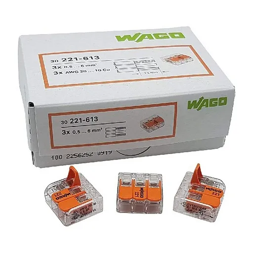 Клемма на 3 провода Wago 0,5-6 кв.мм с рычажками без пасты (30 шт.) (221-613)