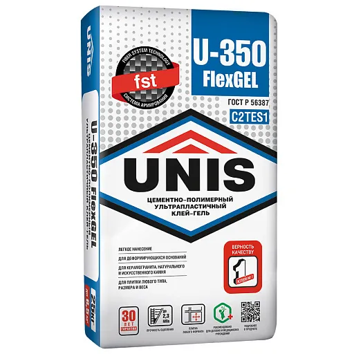 Клей для плитки/ керамогранита/ камня Unis U-350 FlexGEL эластичный армированный серый класс C2 TE S1 25 кг Клей для плитки/ керамогранита/ камня Unis U-350 FlexGEL эластичный армированный серый класс C2 TE S1 25 кг