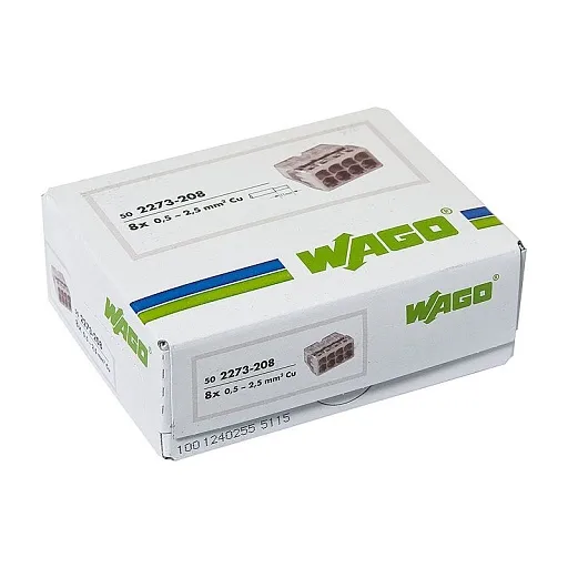 Клемма на 8 проводов Wago 0,5-2,5 кв.мм самозажимная без пасты (50 шт.) (2273-208/2669) Клемма на 8 проводов Wago 0,5-2,5 кв.мм самозажимная без пасты (50 шт.) (2273-208/2669)