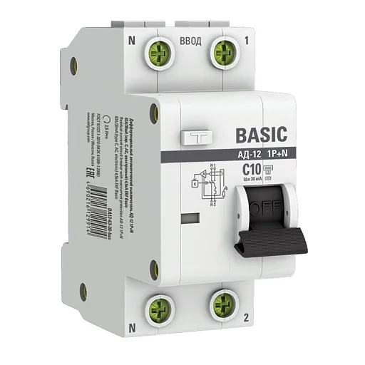 Автомат дифференциальный EKF Basic АД-12 10А 1P+N тип AC 30 мА 4,5 кА (DA12-10-30-bas)