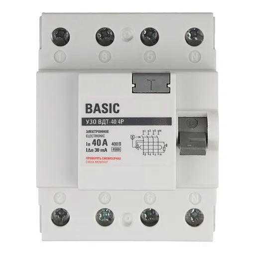 УЗО EKF Basic ВДТ-40 40А 3P+N тип AC 30 мА 4,5 кА (elcb-4-40-30e-sim) УЗО EKF Basic ВДТ-40 40А 3P+N тип AC 30 мА 4,5 кА (elcb-4-40-30e-sim)