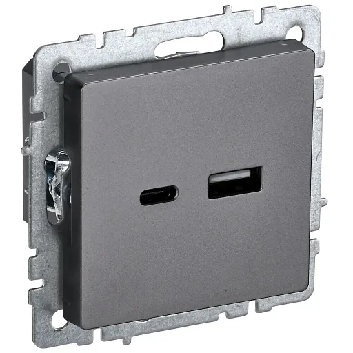Розетка USB IEK Brite РЮ11-1-БрС встраиваемая сталь USB-A/ Type-C (BR-U22-018-K46)