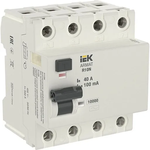 УЗО IEK Armat R10N 40А 4P тип AC 100 мА 10 кА (AR-R10N-4-040C100) УЗО IEK Armat R10N 40А 4P тип AC 100 мА 10 кА (AR-R10N-4-040C100)