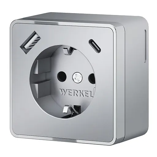 Розетка Werkel Gallant накладная серебряная с заземлением со шторками с USB-A/ Type-C (a057701) Розетка Werkel Gallant накладная серебряная с заземлением со шторками с USB-A/ Type-C (a057701)