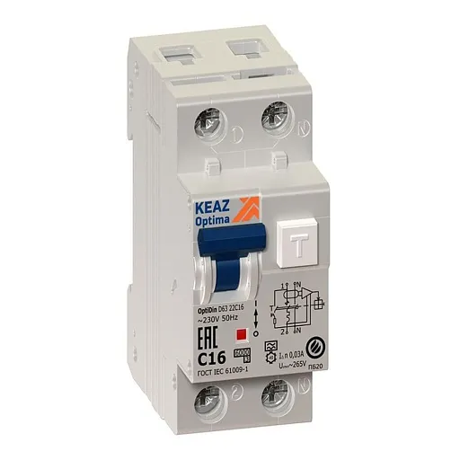 Автомат дифференциальный КЭАЗ OptiDin D63 25А 1P+N тип A 30 мА 6 кА (103509)