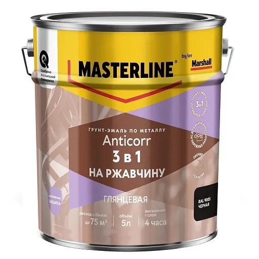 Грунт-эмаль по ржавчине 3в1 Masterline Anticorr черная RAL 9005 глянцевая 5 л Грунт-эмаль по ржавчине 3в1 Masterline Anticorr черная RAL 9005 глянцевая 5 л