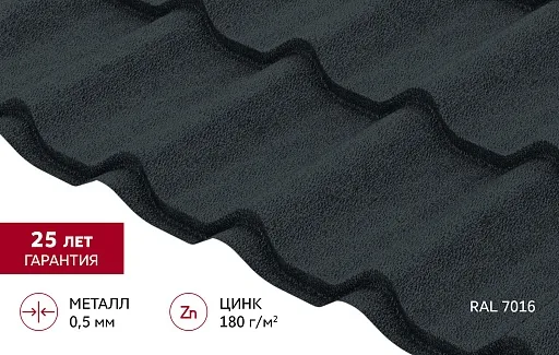 Металлочерепица 0,5 мм Grand Line Классик антрацитово-серая RAL 7016 satin matt TX