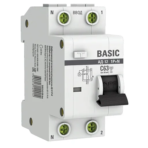 Автомат дифференциальный EKF Basic АД-12 63А 1P+N тип AC 30 мА 4,5 кА (DA12-63-30-bas) Автомат дифференциальный EKF Basic АД-12 63А 1P+N тип AC 30 мА 4,5 кА (DA12-63-30-bas)