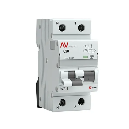 Автомат дифференциальный EKF Averes DVA-6 20А 1P+N тип A 30 мА 6 кА (rcbo6-1pn-20C-30-a-av) Автомат дифференциальный EKF Averes DVA-6 20А 1P+N тип A 30 мА 6 кА (rcbo6-1pn-20C-30-a-av)