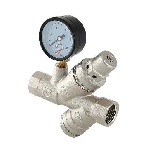Клапан подпиточный Valtec 1/2 ВР(г) х 1/2 ВР(г) 16 бар для систем отопления 130 °С с фильтром и манометром (VT.515.N.04)