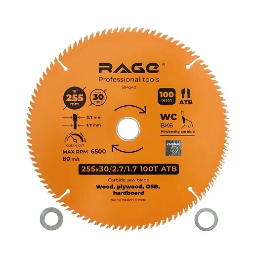 Диск пильный по дереву Rage by Vira Clean cut 255х30 мм 100 зубьев (594240) Диск пильный по дереву Rage by Vira Clean cut 255х30 мм 100 зубьев (594240)