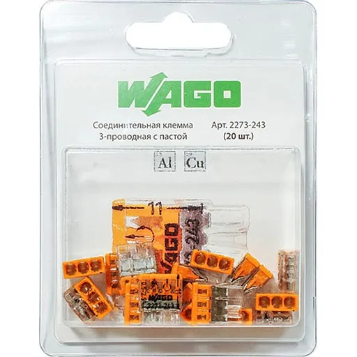 Клемма на 3 провода Wago 2273-243 0,5-2,5 кв. мм самозажимная с пастой (20 шт.) Клемма на 3 провода Wago 2273-243 0,5-2,5 кв. мм самозажимная с пастой (20 шт.)